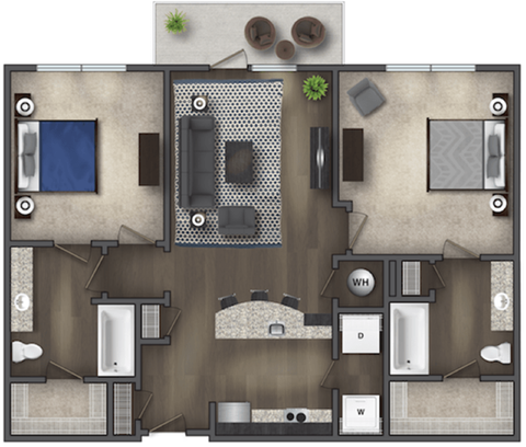 Floor plan for 2 beds, 2 baths, 958 sqft